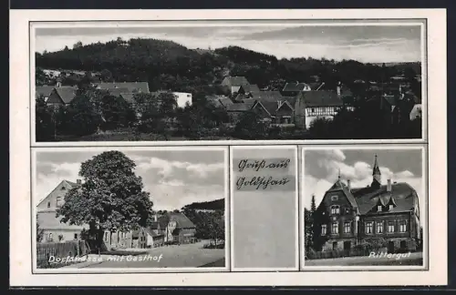 AK Goldschau / Osterfeld, Dorfstrasse mit Gasthof, Rittergut, Ortsansicht