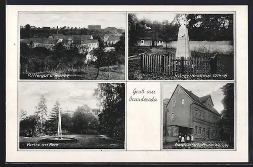 AK Branderoda, Gasthaus von Werner, Rittergut, Kirche, Kriegerdenkmal 1914-18