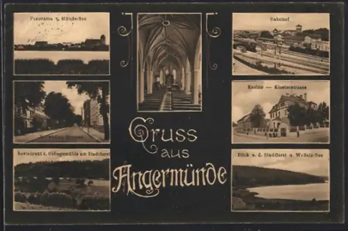 AK Angermünde, Restaurant v. Gehegemühle am Stadtforst, Bahnhof, Klosterstrasse mit Kasino