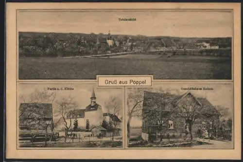 AK Poppel, Geschäftshaus Heinze, Totalansicht, Kirche