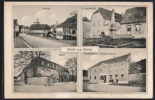 AK Gleina / Freyburg, Geschäftshaus v. Hermann Arnold, Dorfplatz, Kriegerdenkmal, Schloss