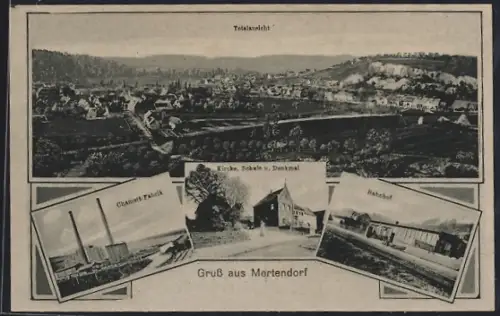 AK Mertendorf / Naumburg, Totalansicht, Kirche, Schule, Denkmal, Fabrik, Bahnhof