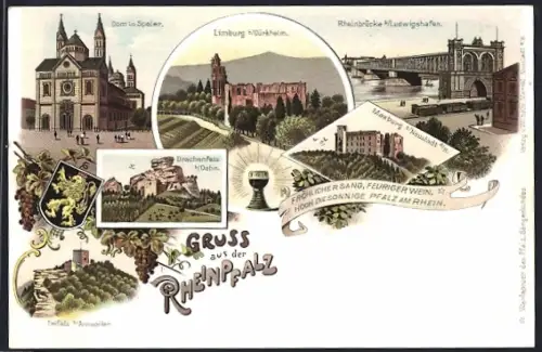 Lithographie Neustadt / Weinstrasse, Dom, Limburg, Rheinbrücke Ludwigshafen, Drachenfels, Wappen