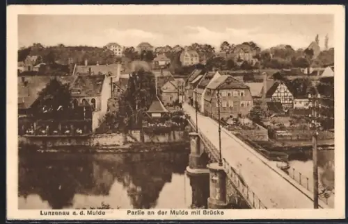 AK Lunzenau a. d. Mulde, Partie an der Mulde mit Brücke