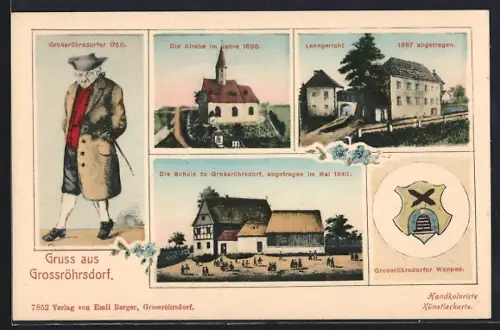 AK Grossröhrsdorf, Kirche im Jahre 1600, Lehngericht, Schule abgetragen 1840, Wappen