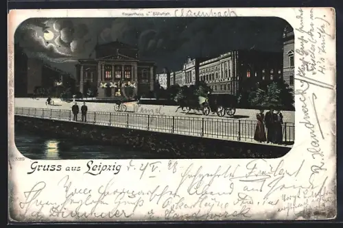 Mondschein-Lithographie Leipzig, Konzerthaus u. Bibliothek