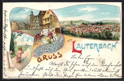 Lithographie Lauterbach / Hessen, Ortspanorama, Wappen