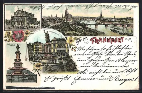 Lithographie Frankfurt a. M., Opernhaus, Mainpanorama, Schützenbrunnen, Friedr. Stoltze-Denkmal
