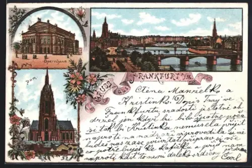 Lithographie Frankfurt am Main, Opernhaus, Dom, Mainansicht