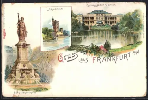 Lithographie Frankfurt-Ostend, Zoologischer Garten, Aquarium, Schützenbrunnen