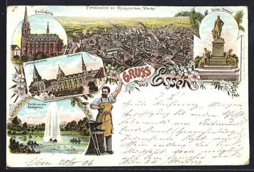 Lithographie Essen, Pauluskirche, Krupp-Denkmal, Ansicht der Kruppschen Werke