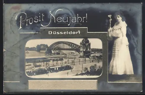 AK Düsseldorf, Rheinbrücke, Strassenbahn, Prosit Neujahr