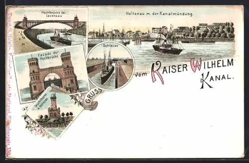 Lithographie Holtenau /Kaiser Wilhelm Kanal, Hochbrücke Levensau, Schleuse, Kanalmündung, Fassade der Hochbrücke