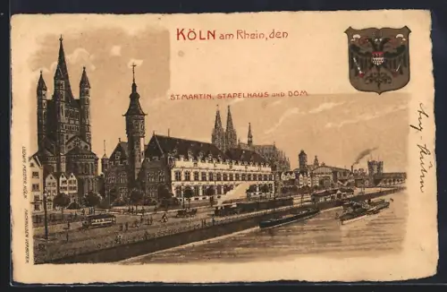 Lithographie Köln am Rhein, St. Martin, Stapelhaus, Dom, Wappen