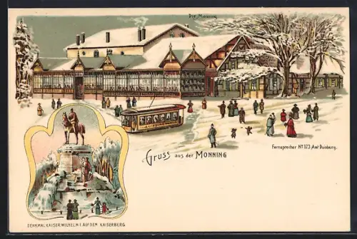 Lithographie Duisburg, Gasthof Monning, Strassenbahn, Denkmal Kaiser Wilhelm I. auf dem Kaiserberg