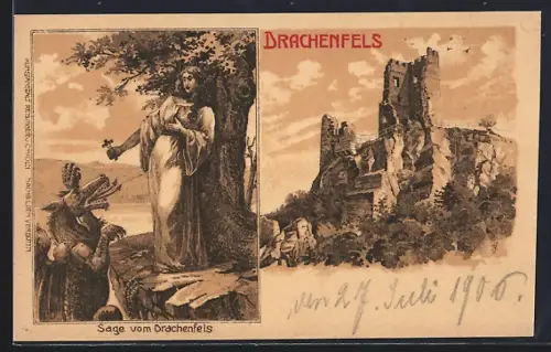 Lithographie Drachenfels, Burgruine, Sage vom Drachenfels