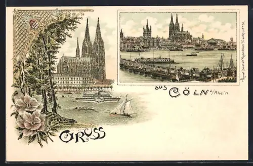 Lithographie Cöln a. Rhein, Dom, Rheinpanorama