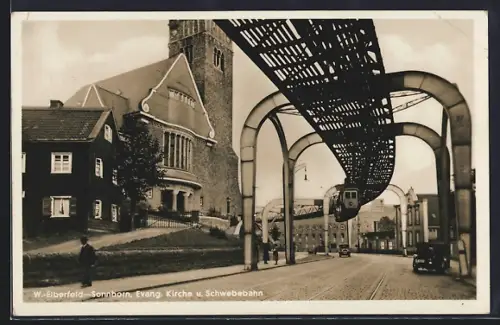 AK W.-Elberfeld-Sonnborn, Evang. Kirche, Schwebebahn