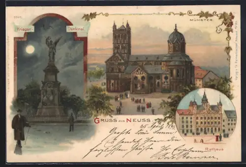 Mondschein-Lithographie Neuss, Münster, Kriegerdenkmal, Rathaus
