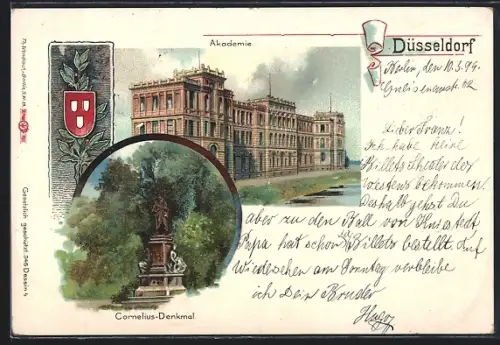 Lithographie Düsseldorf, Akademie, Cornelius-Denkmal