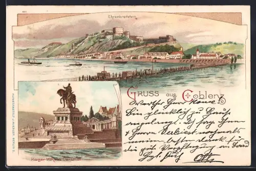 Lithographie Koblenz, Ehrenbreitstein, Kaiser-Wilhelm-Denkmal