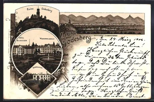Lithographie Godesberg, Hotel Bühler, Ruine Godesberg, Wasserheilanstalt, Schulthurner, Siebengebirge