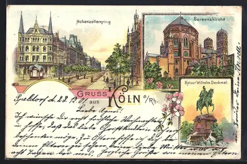 Lithographie Köln a /Rh., Hohenzollernring, Gereonskirche, Kaiser Wilhelm Denkmal