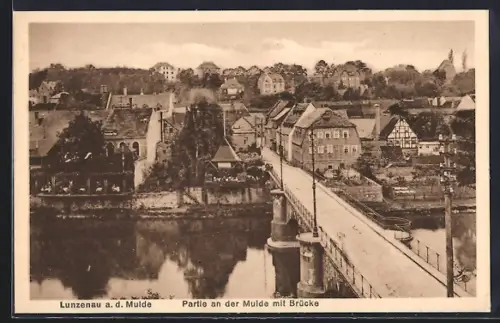 AK Lunzenau a. d. Mulde, Partie an der Mulde mit Brücke