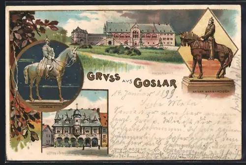 Lithographie Goslar, Kaiserpfalz, Reiterstandbild Wilhelm I., Blick in den Ort