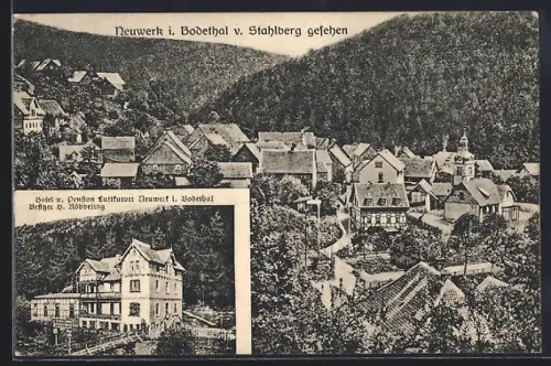 AK Neuwerk / Harz, Hotel u. Pension, Bes. H. Röbbeling, Ortsansicht vom Stahlberg gesehen