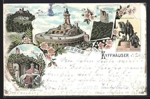 Lithographie Kyffhäuser, Kaiser Wilhelm Denkmal, Reiterstandbild, Rothenburg