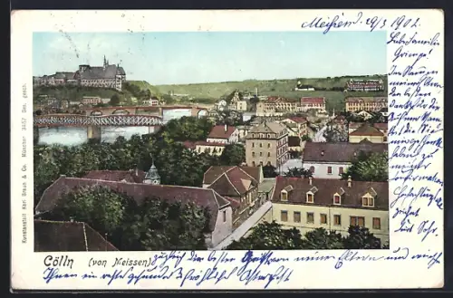 Goldfenster-AK Cölln / Meissen, Ortsansicht mit leuchtenden Fenstern