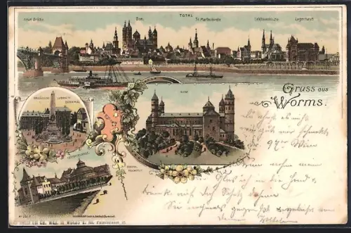 Lithographie Worms, Dom, St. Martinskirche, Festspielhaus