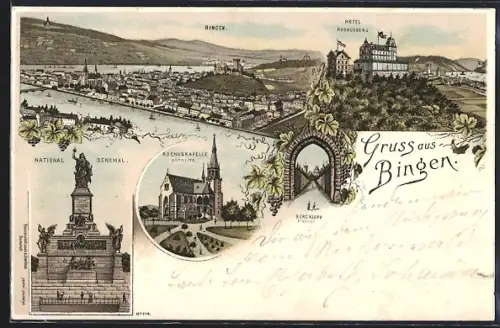 Lithographie Bingen / Rhein, Hotel Rochusberg, Nationaldenkmal, Rochuskapelle, Burg Klopp