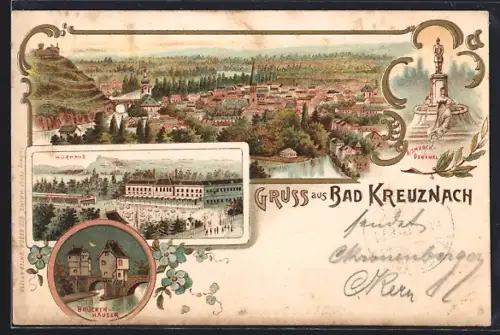 Lithographie Bad Kreuznach, Kurhaus, Brückenhäuser, Bismarck-Denkmal