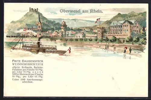 Lithographie Oberwesel am Rhein, Uferansicht