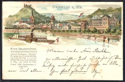 Lithographie Oberwesel a. Rh., Ortsansicht vom Ufer aus