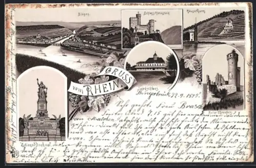 Vorläufer-Lithographie Bingen /Rhein, 1895, Ruine Ehrenfels, Schloss Rheinstein, Mäuseturm