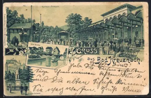 Lithographie Bad Kreuznach, Kurhaus, Trinkhalle, Alte Brücke, Kaiser-Denkmal
