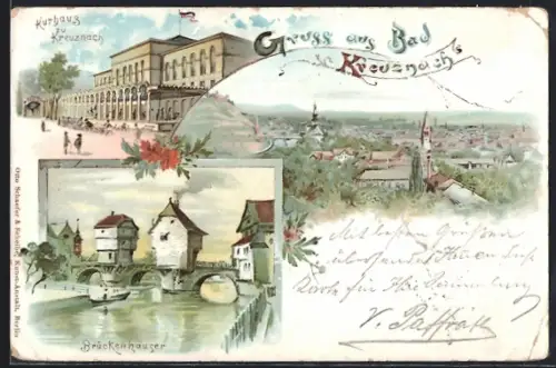 Lithographie Bad Kreuznach, Kurhaus, Brückenhäuser, Stadtansicht