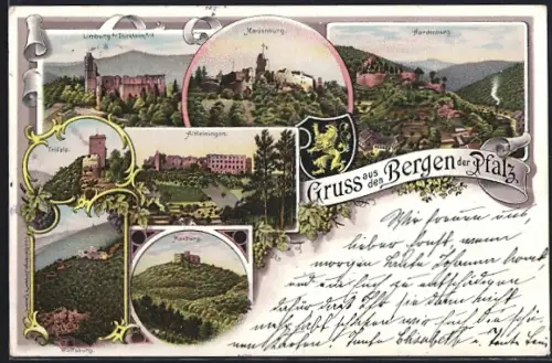 Lithographie Bergzabern, Limburg b. Dürkheim, Trifels, Hardenburg, Maxburg