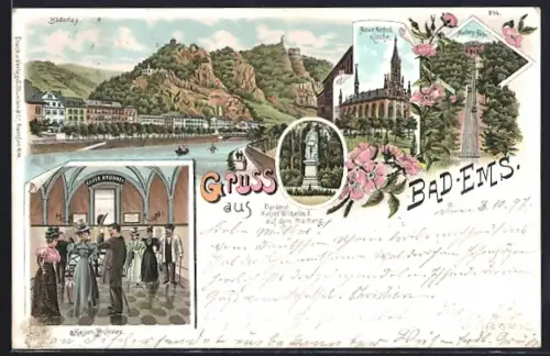 Lithographie Bad Ems, Kaiserbrunnen, Malberg-Bahn, Neue Kathol. Kirche