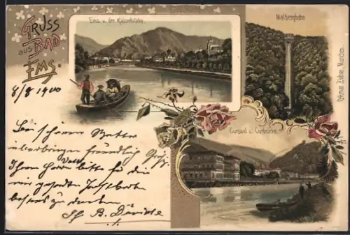 Lithographie Bad Ems, Malbergbahn, Ems von der Kaiserbrücke