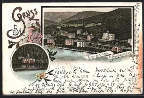 Lithographie Bad Ems, Ems mit dem Schweizerhaus