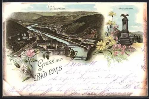Lithographie Bad Ems, Blick auf die Lahn flussaufwärts, Kriegerdenkmal