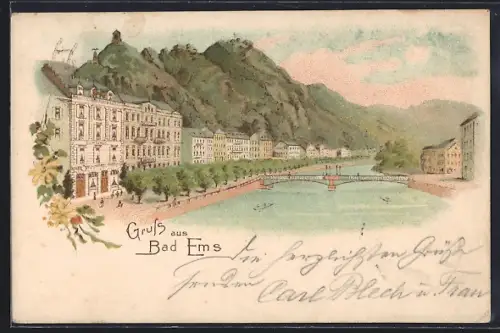 Lithographie Bad Ems, Uferpromenade und Brücke an der Lahn