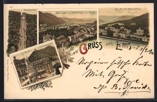 Lithographie Bad Ems, Malbergbahn, Hotel zu den vier Türmen