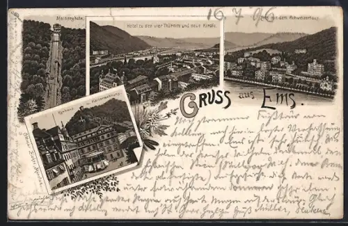 Lithographie Bad Ems, Malbergbahn, Hotel zu den vier Türmen, Schweizerhaus