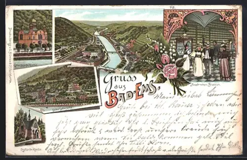 Lithographie Bad Ems, Griechische Kirche, Englische Kirche, Linke Lahnseite