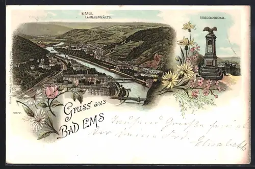 Lithographie Bad Ems, Lahnblick, Kriegerdenkmal